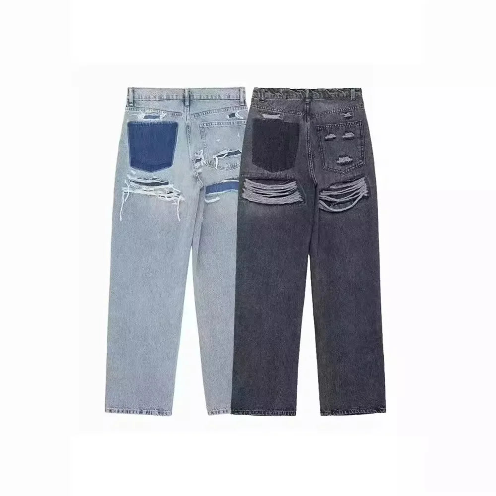 High Waist Denim Patchwork Pants Distressed Ripped Jeans